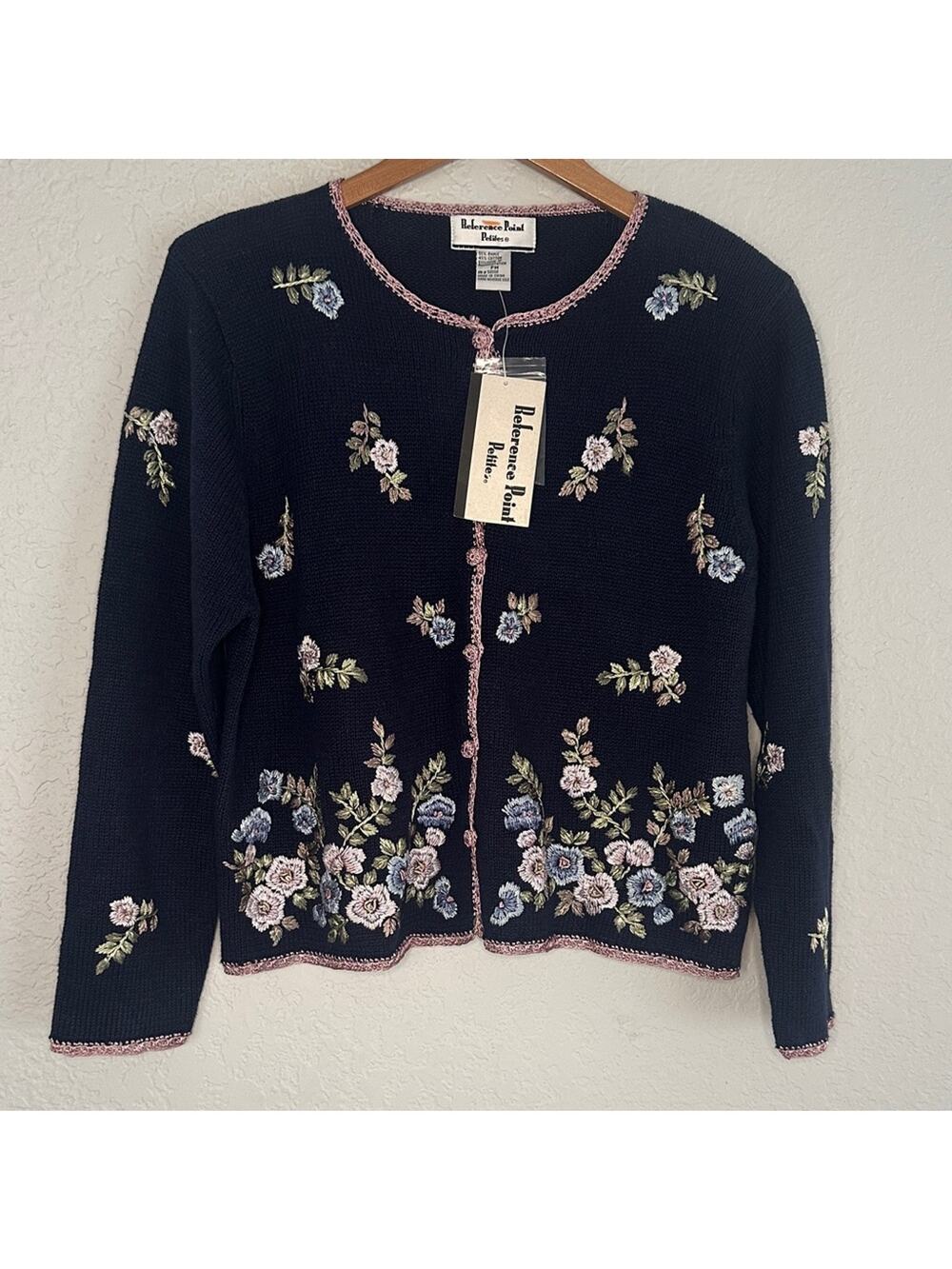 NEW Reference Point Embroidered Cardigan Sweater Grandma Cottage 90s NWT Navy
